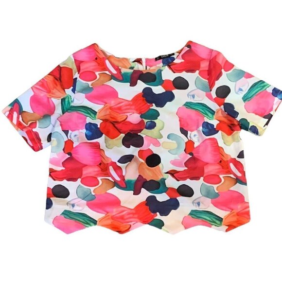 Shein Bright Floral Watercolors Crop Top Sz L Scalloped Hem 256F - Picture 4 of 8